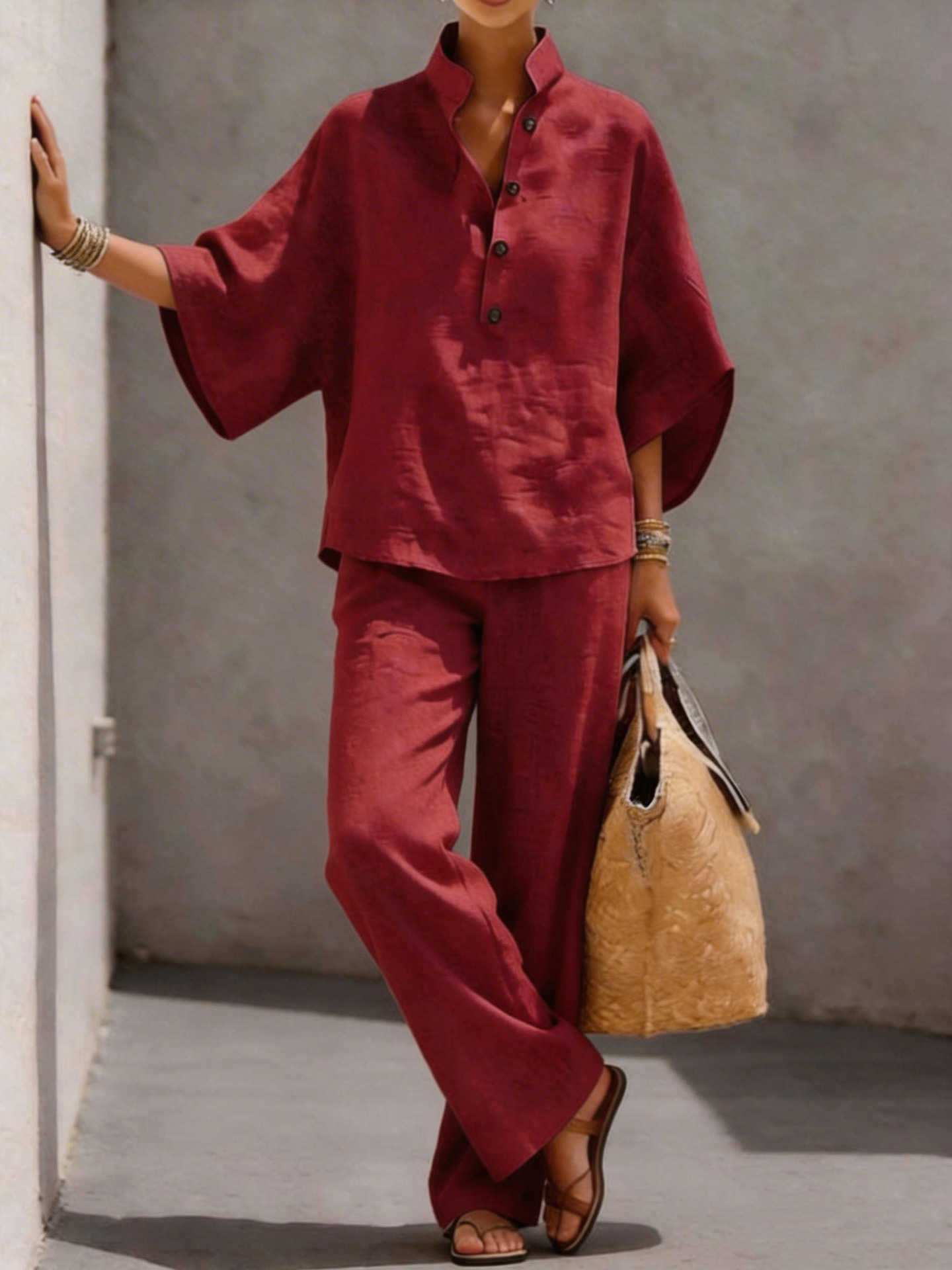Women's Cotton-Linen Shirt and Pants Two-Piece Set