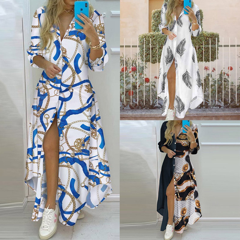 Women's Printed V-Neck Long Sleeve High Waist Irregular Hem Single-Breasted Dress
