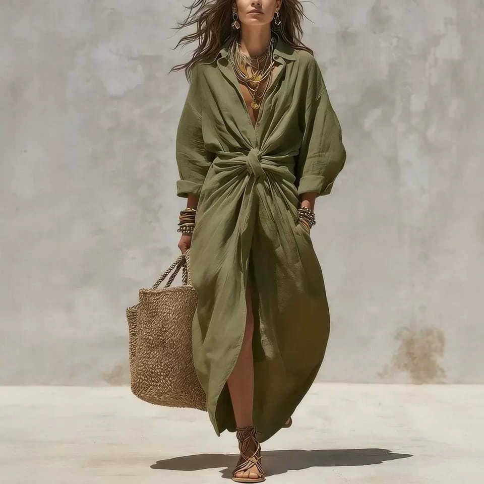 Women's Solid Color Button-Front Collared Long Sleeve Casual Dress with Pockets