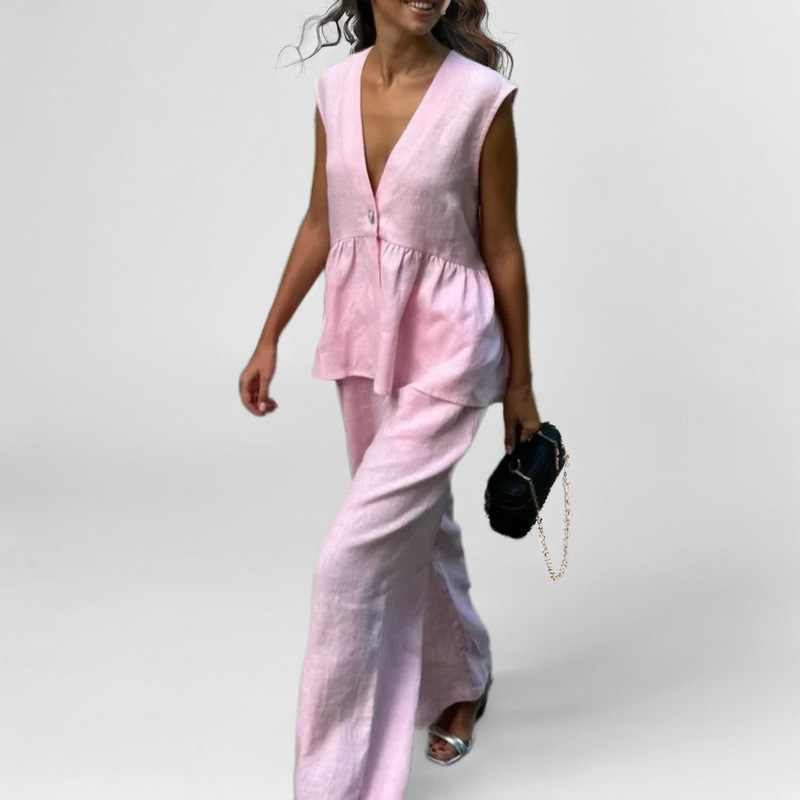 Women's Casual Sleeveless V-Neck Top & Wide-Leg Pants Set Solid Color