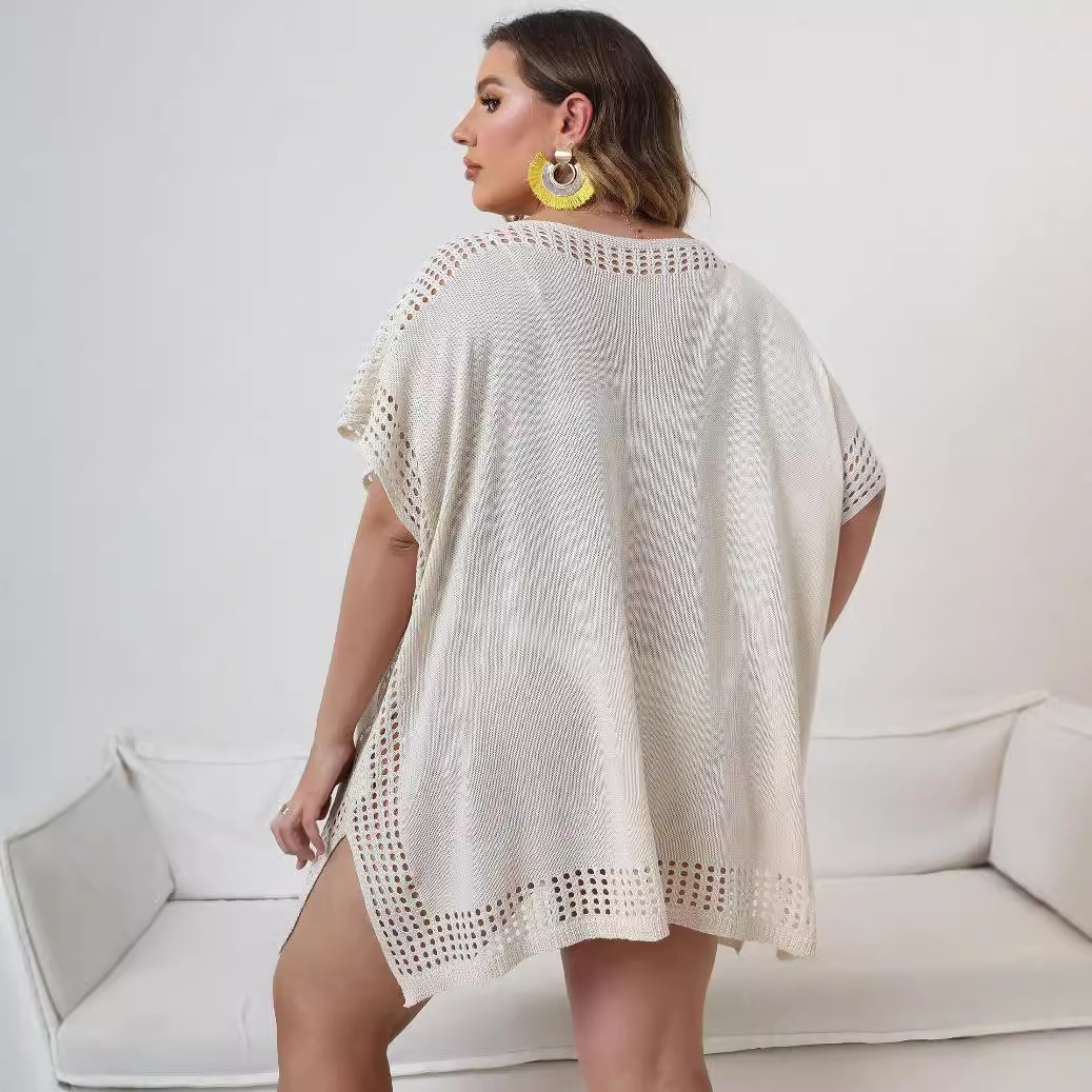 Women's Plus Size Hollow Out Spliced Knit V-Neck Loose Beach Bikini Cover-Up
