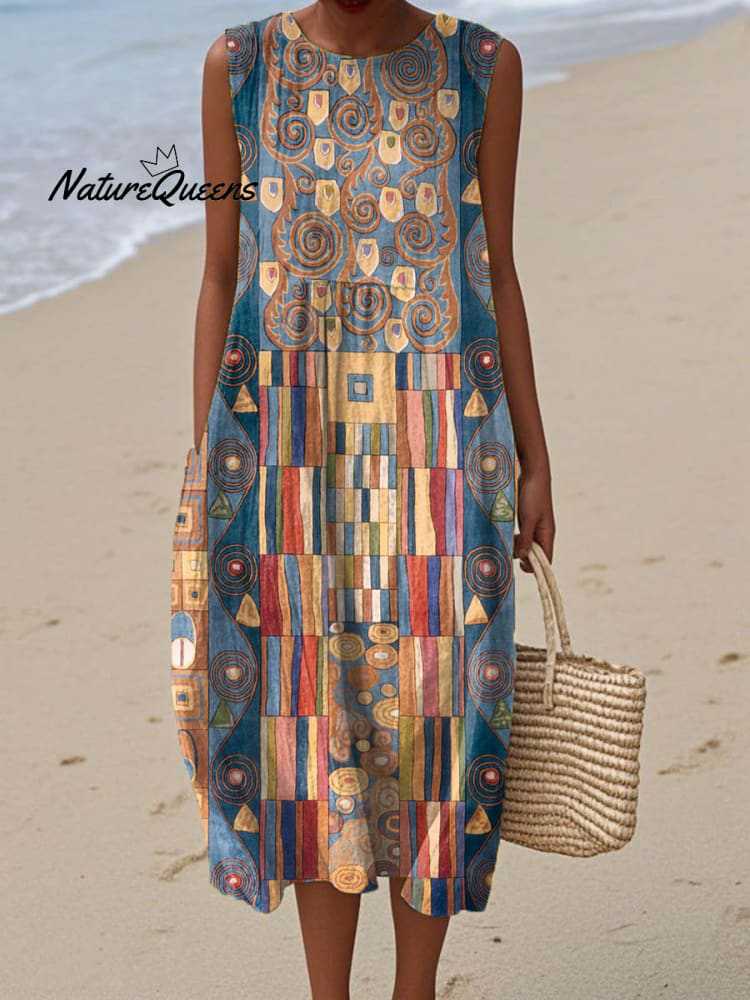 Floral Print Sleeveless Round Neck Loose Midi Dress