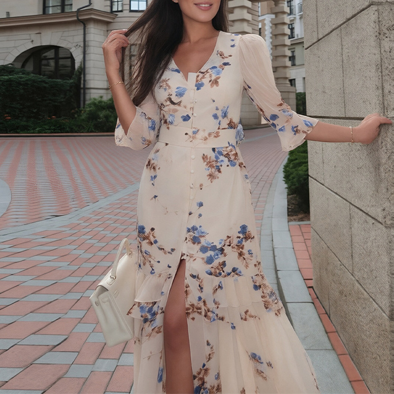 Women's French Vintage Floral Ruffle Strap Midi Dress
