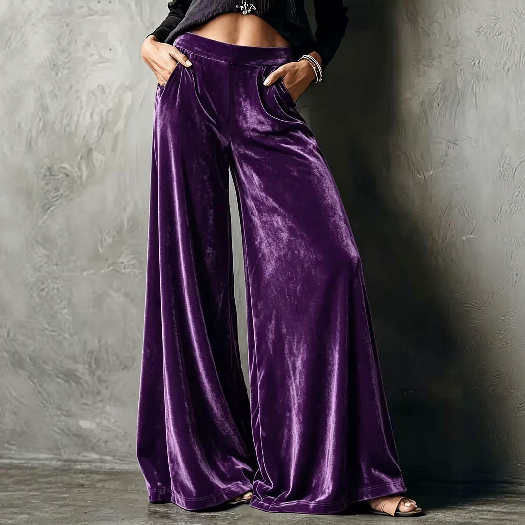 Solid Velvet High-Waist Wide-Leg Pants with Pockets