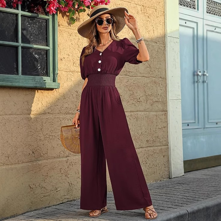 Elegant Short Sleeve Collared Waist-Defined Wide-Leg Jumpsuit