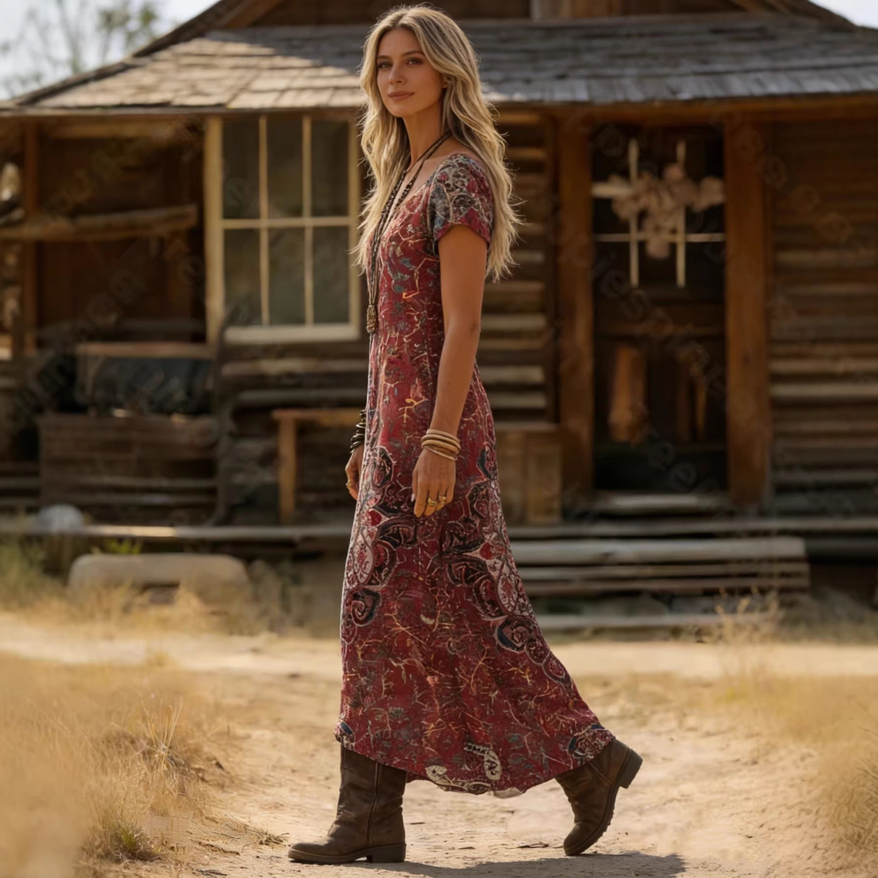 Boho Print V-Neck Short Sleeve A-Line Midi Dress