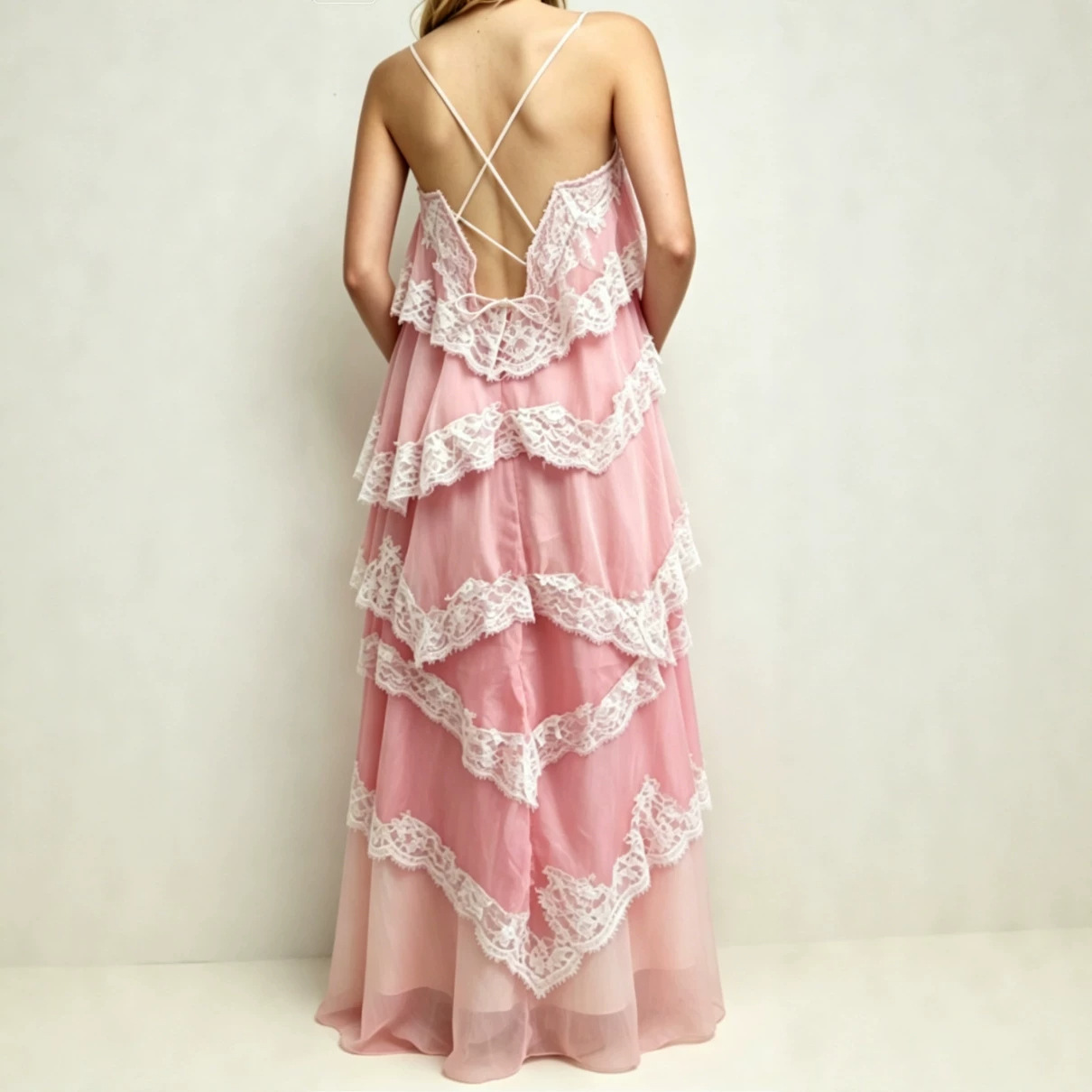 French Vintage Lace Gradient Cami Maxi Dress Tiered Ruffle