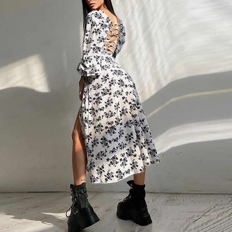 Women's Printed Open-Back Tie Long Dress