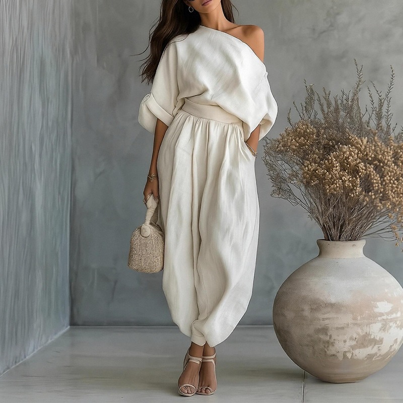 Women's Solid Color Off-Shoulder Two-Piece Set with Loose Fit