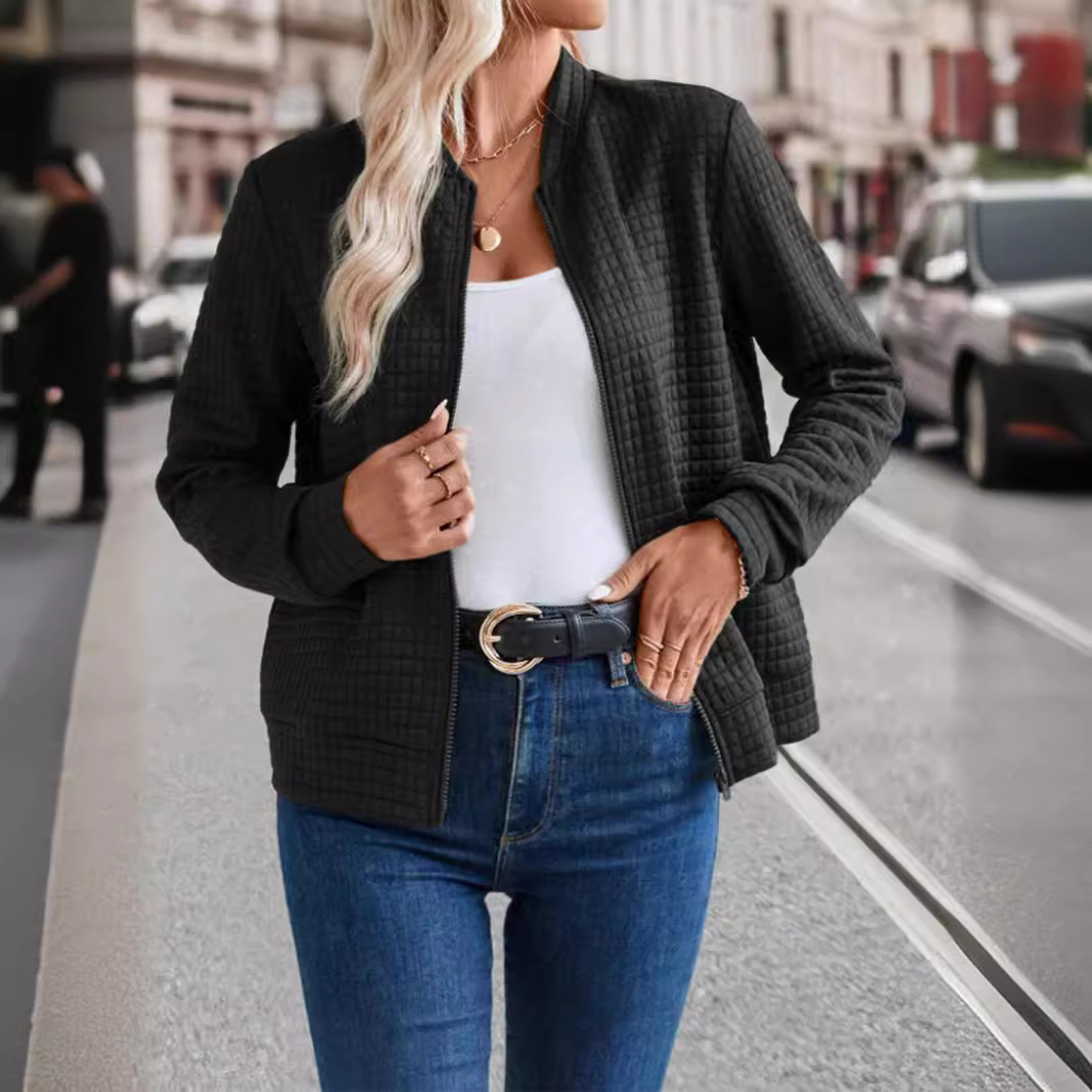 Women's Solid Color Zip-Up Jacket with Textured Finish