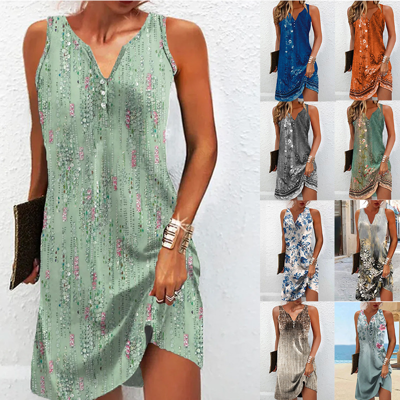 Women's Floral Print Single-Breasted A-Line Sleeveless V-Neck Dress