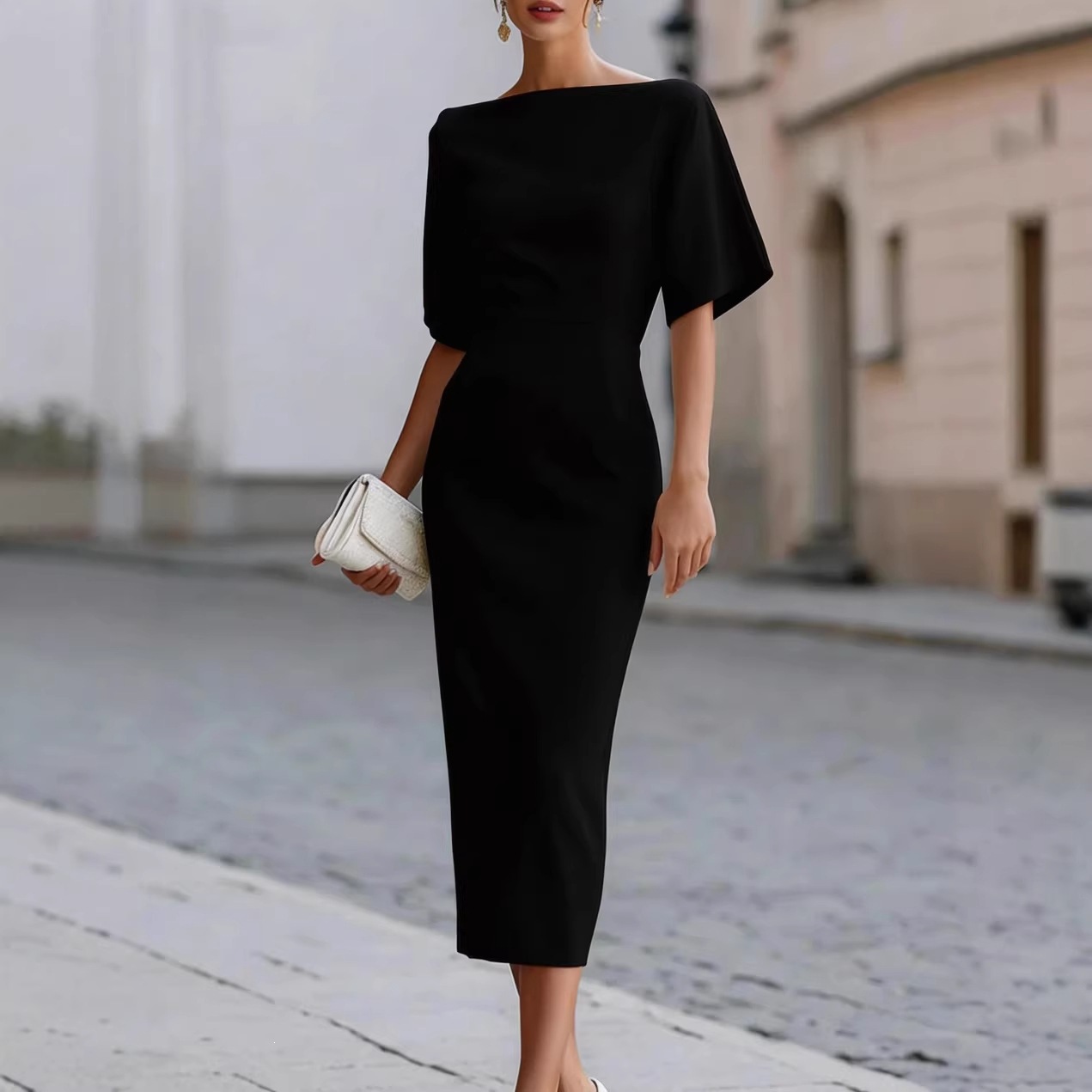 Elegant Slimming Waist Midi Solid Color Dress for Women