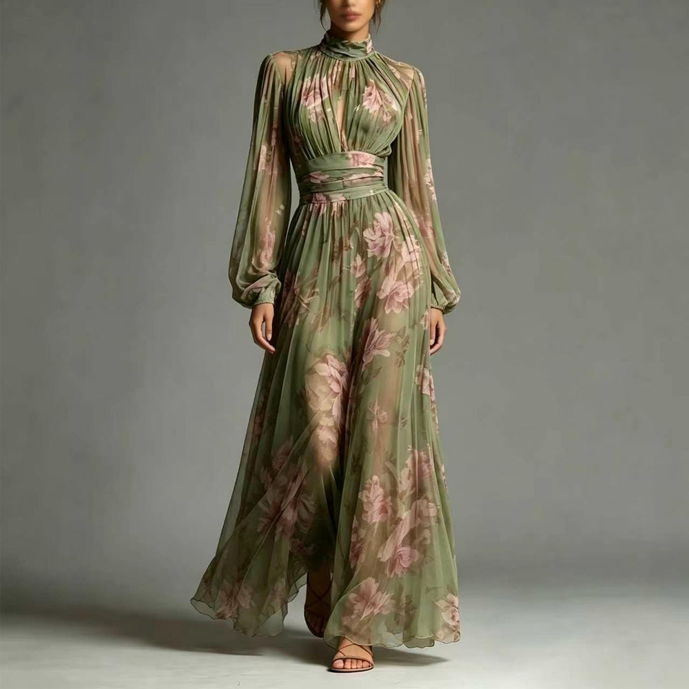 Women's Digital Print Ruched Waist Slimming Pleated Dress