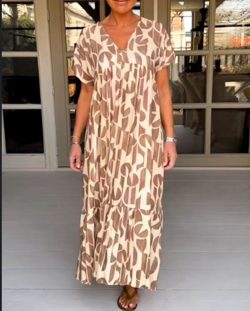 Geometric Print V-Neck Short Sleeve Loose Casual Dress