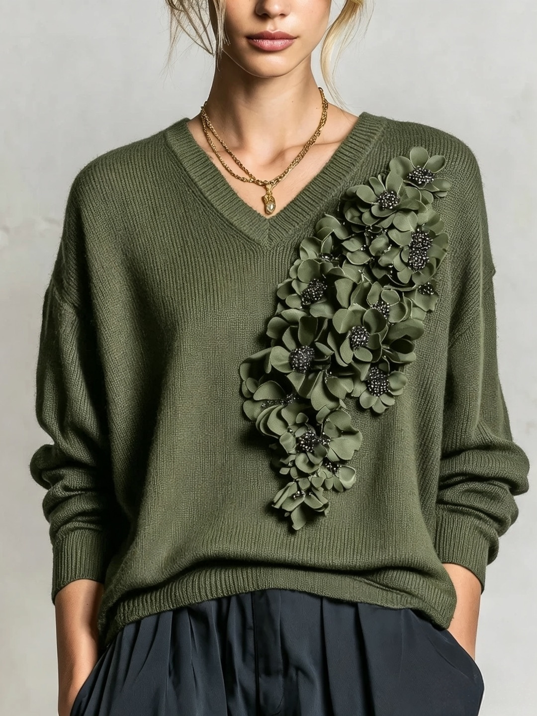 3D Floral V-Neck Knit Sweater