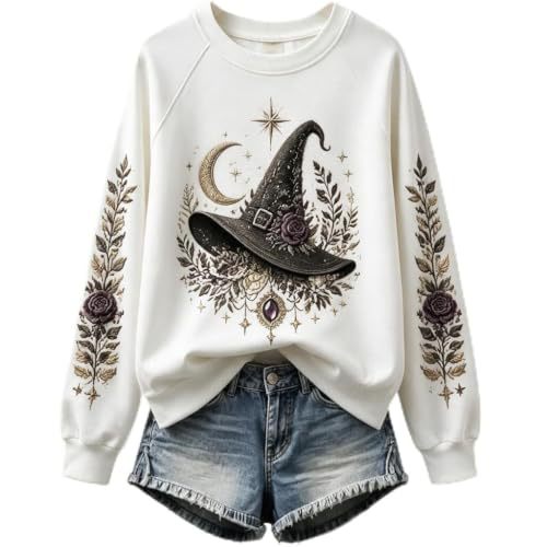 Halloween Witch Hat Print Crewneck Long-Sleeve Pullover Sweatshirt