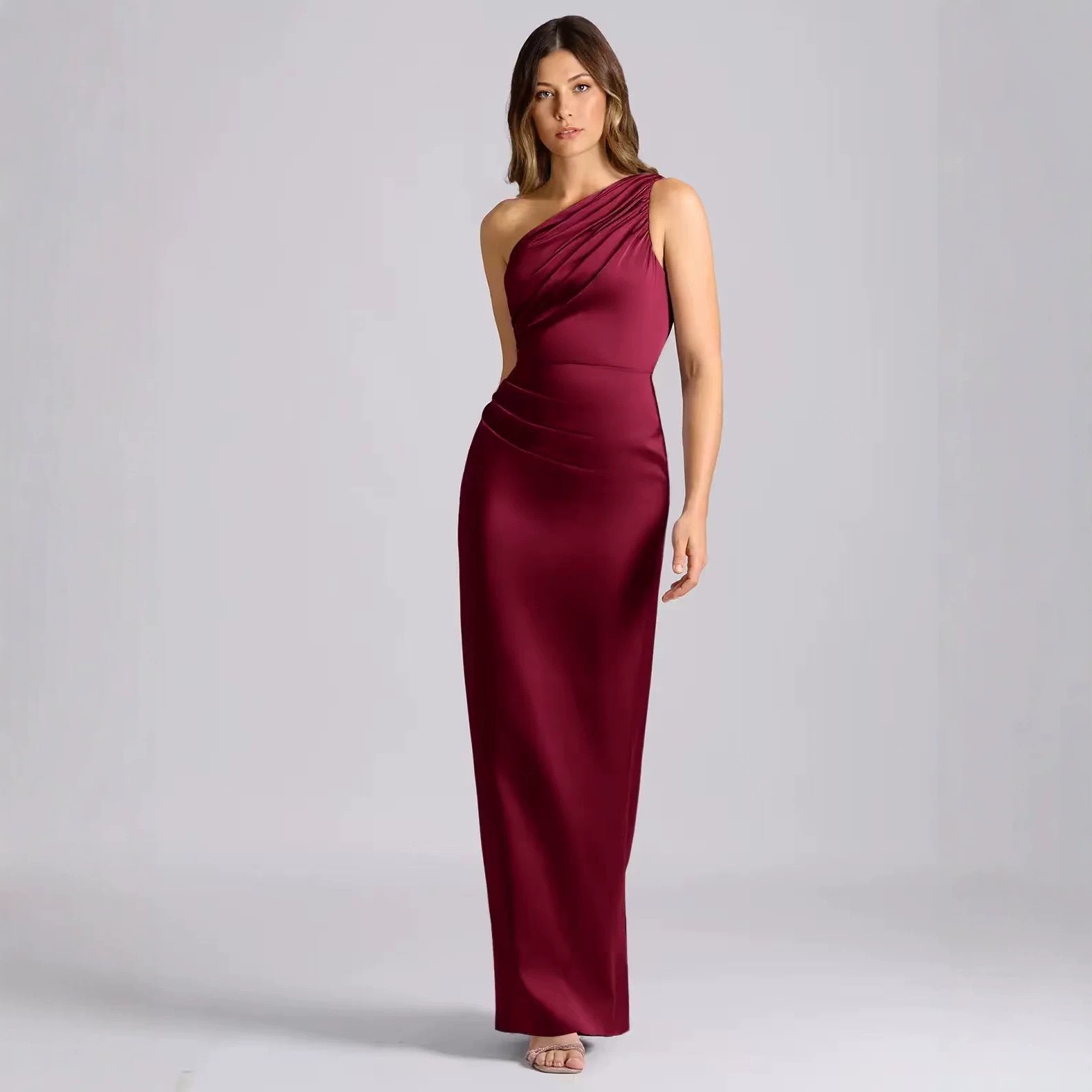 One-Shoulder Satin Evening Dress Asymmetric Long Gown