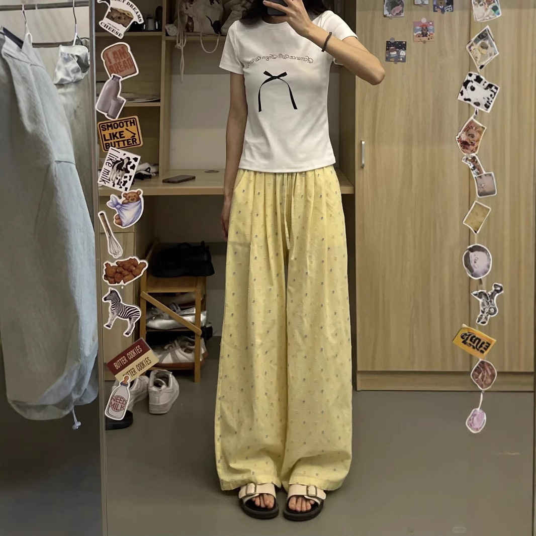 Yellow Polka Dot Wide-Leg Pants for Women High Waist Draped Casual