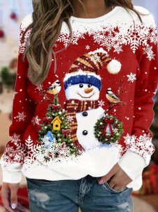 Women's Christmas Snowman Snowflake Print Crewneck Sweatshirt