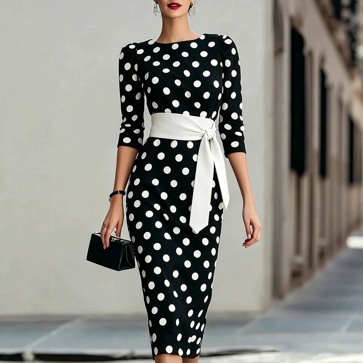 Color-Block Polka Dot Belted Slim Fit Long Sleeve Dress