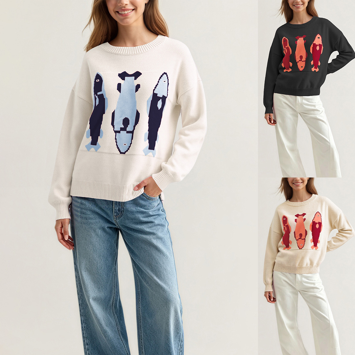 Women's Round Neck Loose Knit Pullover Sweater with Color Block Pattern