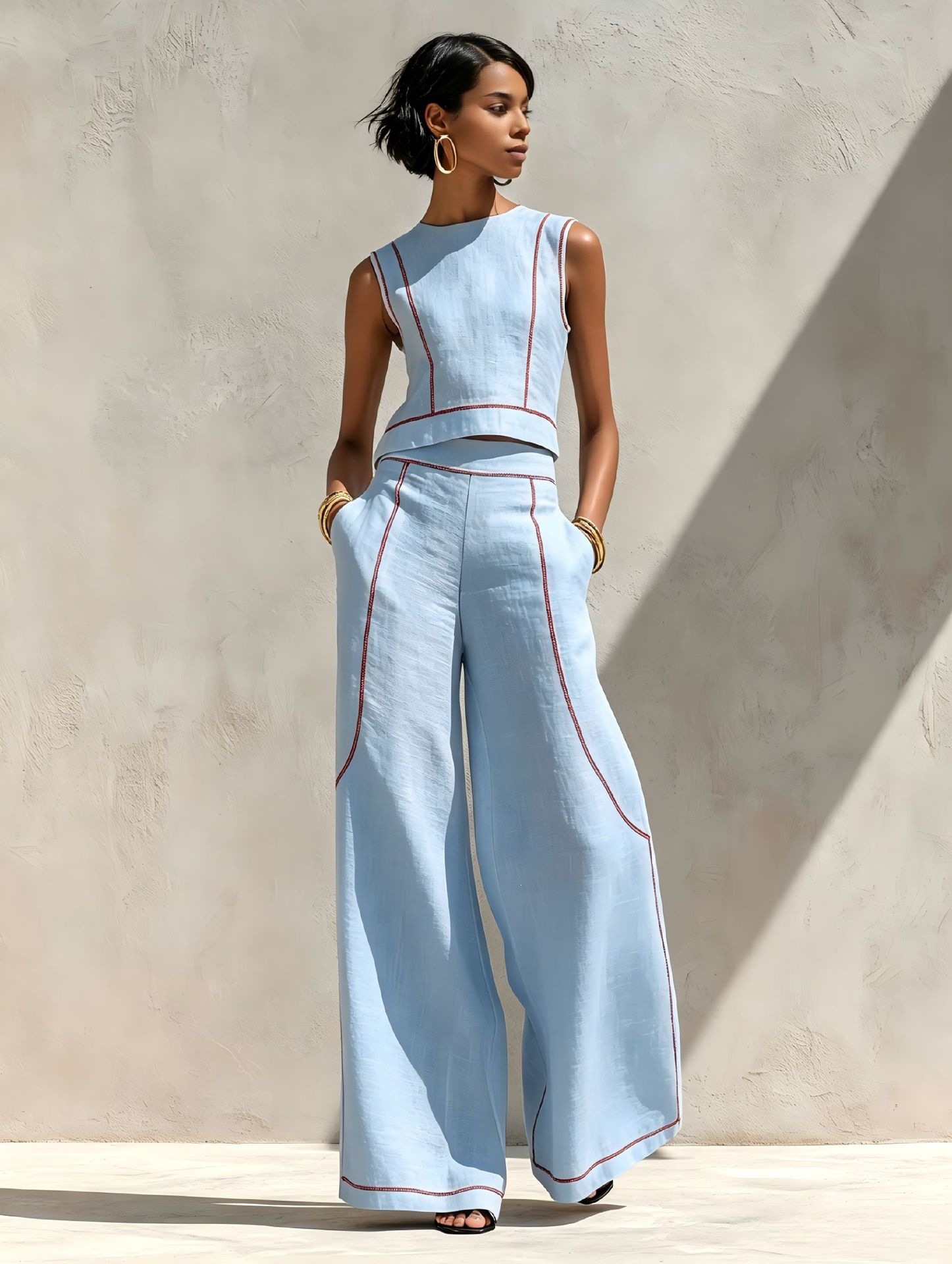 Women's Sleeveless Colorblock Wide-Leg Pants Set Casual Two-Piece