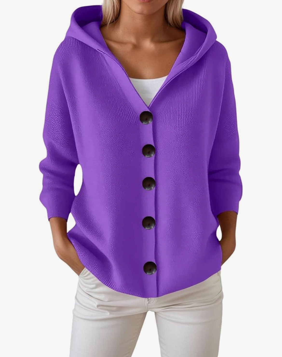 Button-Up Hooded Knit Cardigan Sweater, Solid Color Casual Women's Outerwear