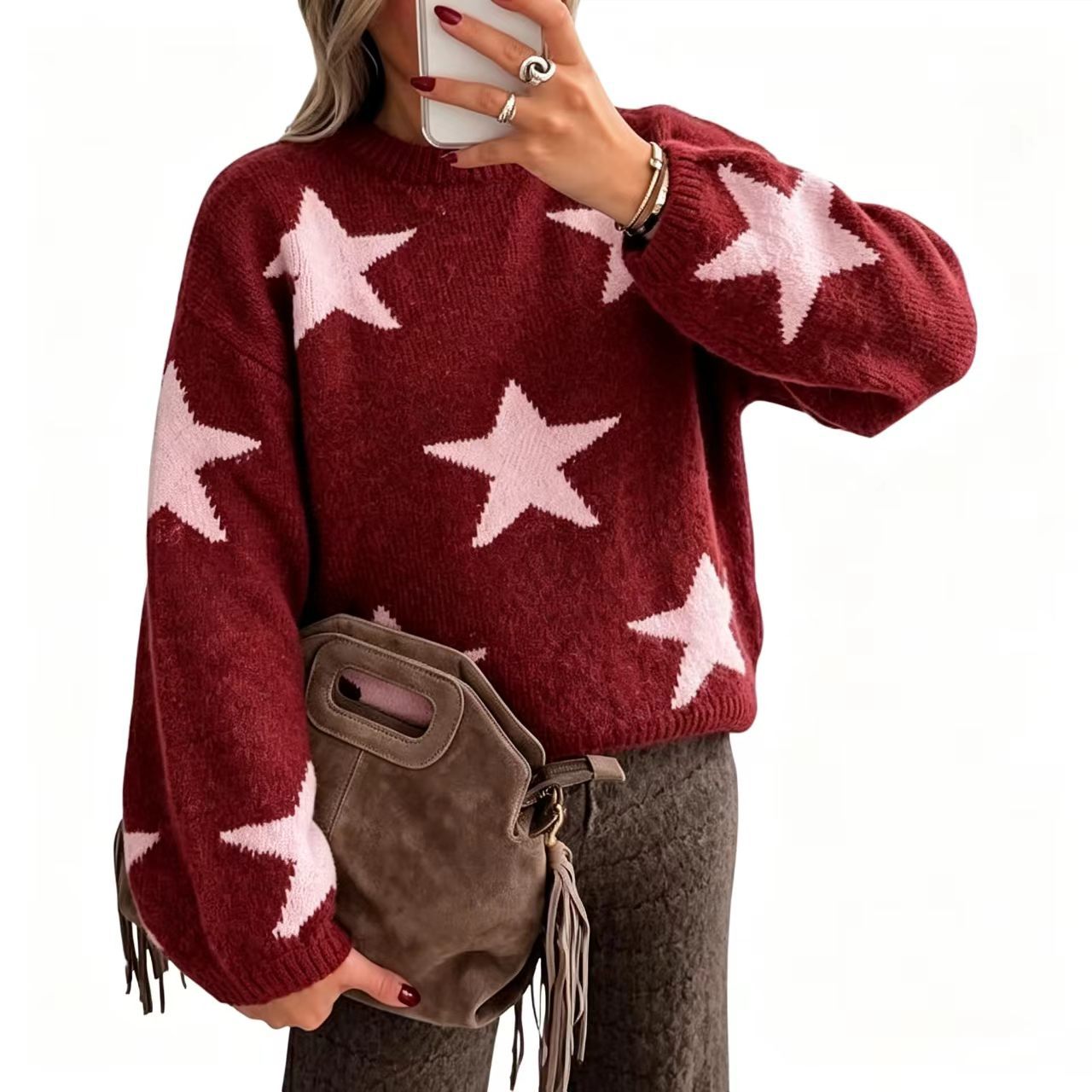 Women's Star Jacquard Drop Shoulder Lantern Sleeve Sweater