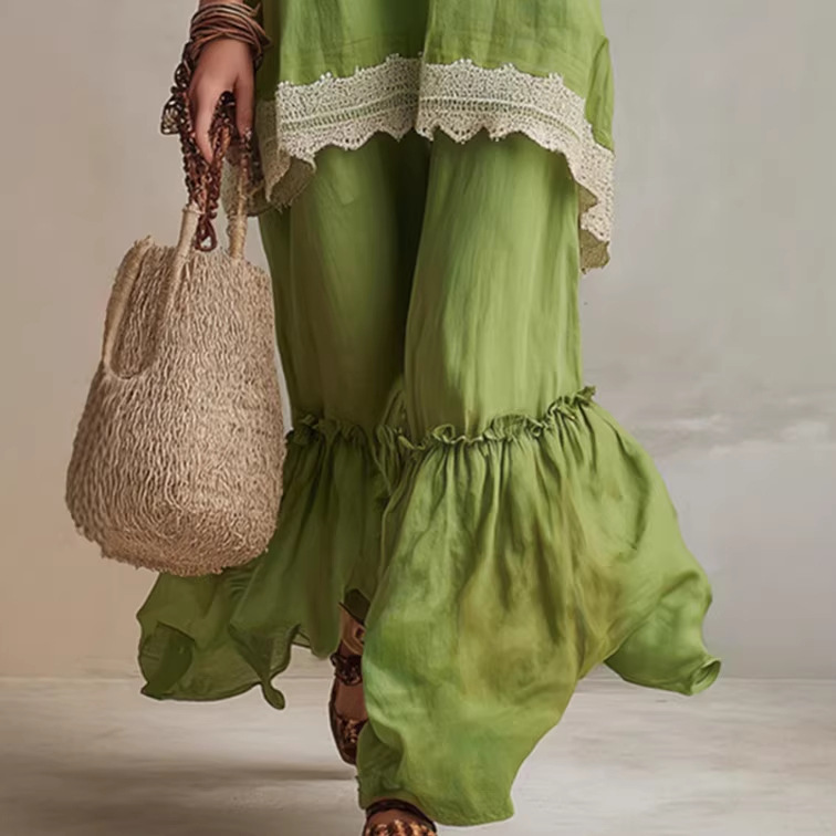 Bright Green Sleeveless Top and Wide-Leg Pants Set