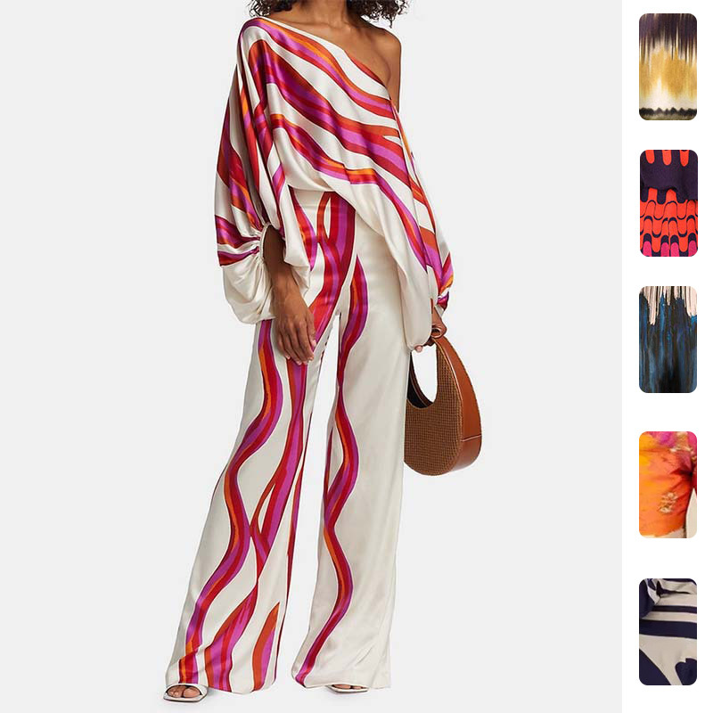 Women's Printed Batwing Sleeve Cinched Waist Wide-Leg Pants Set