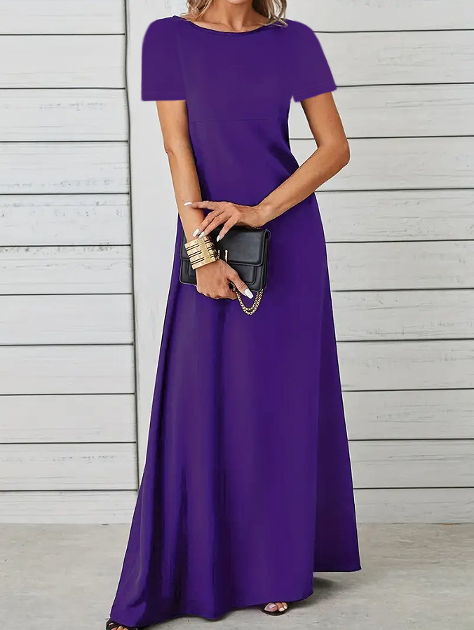 Women's Slim Fit Soft Crew Neck Solid Short Sleeve A-Line Dress