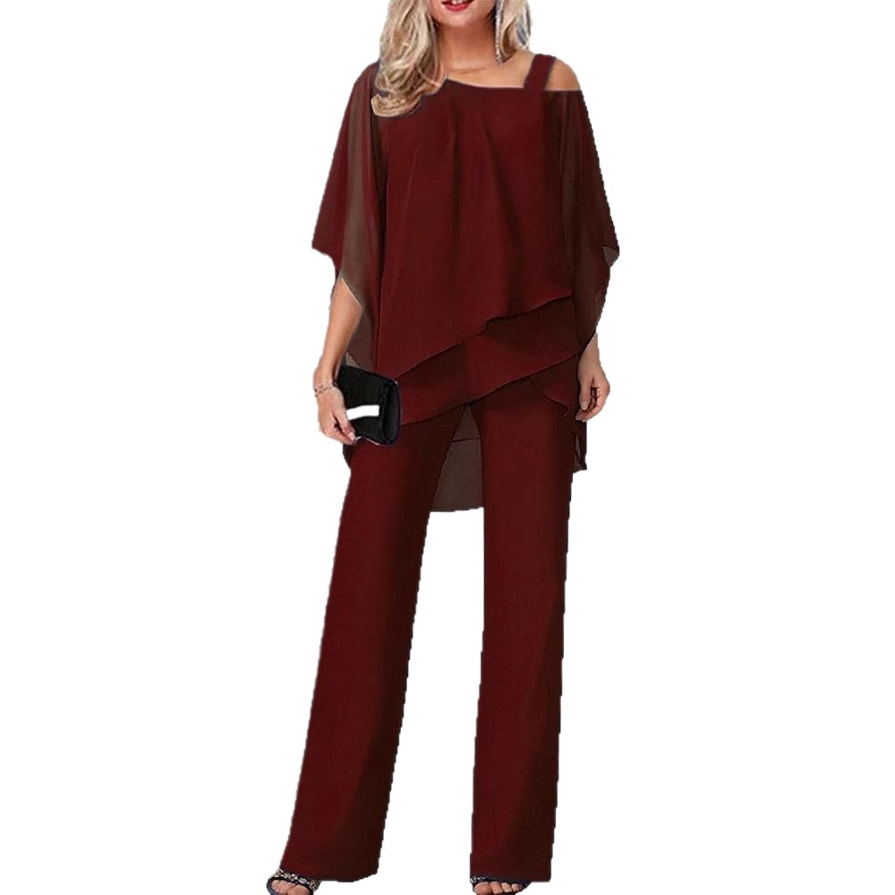 Women's One-Shoulder Chiffon Batwing Sleeve Two-Piece Pants Set