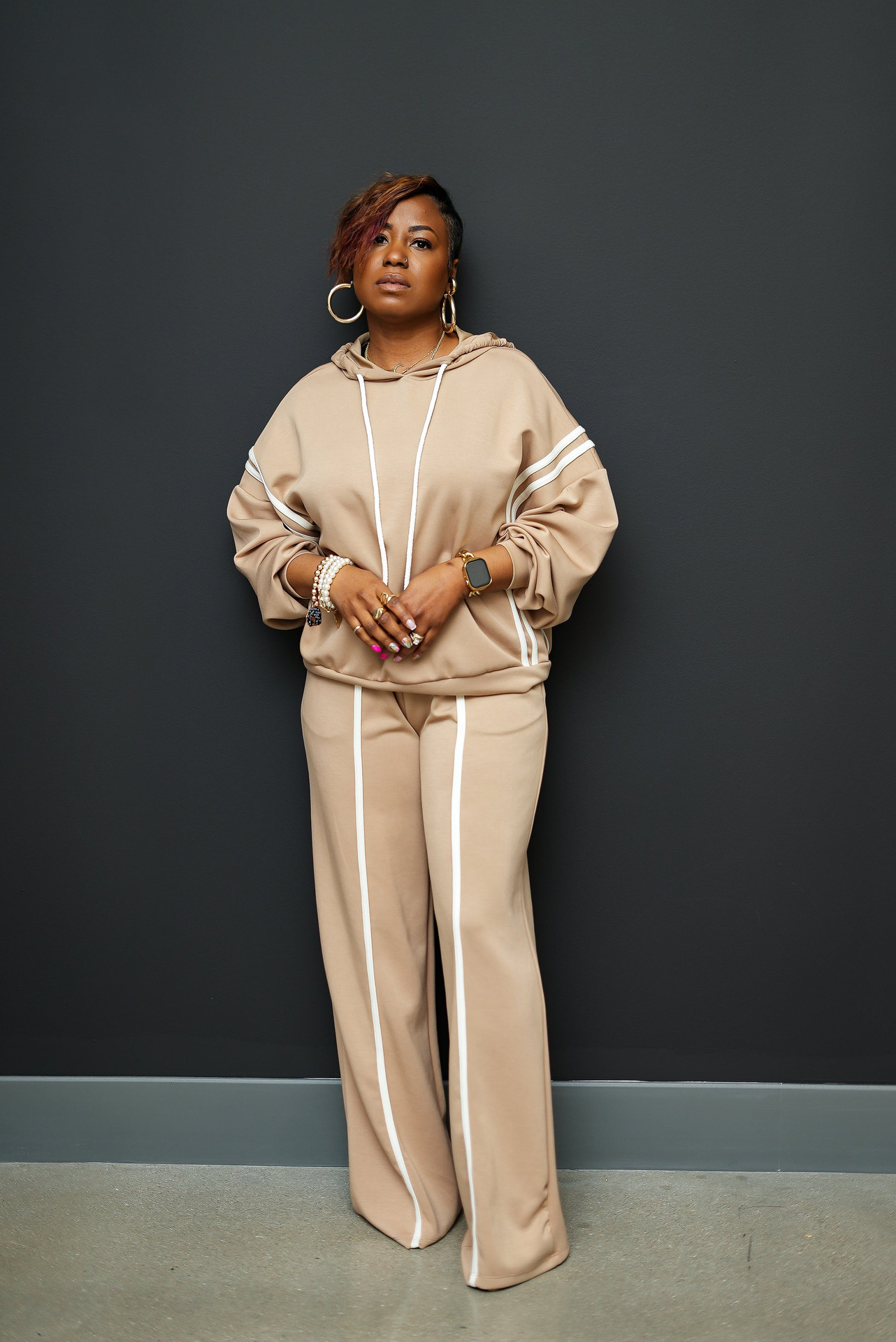 Women's Striped Hooded Sweatsuit Two-Piece Set