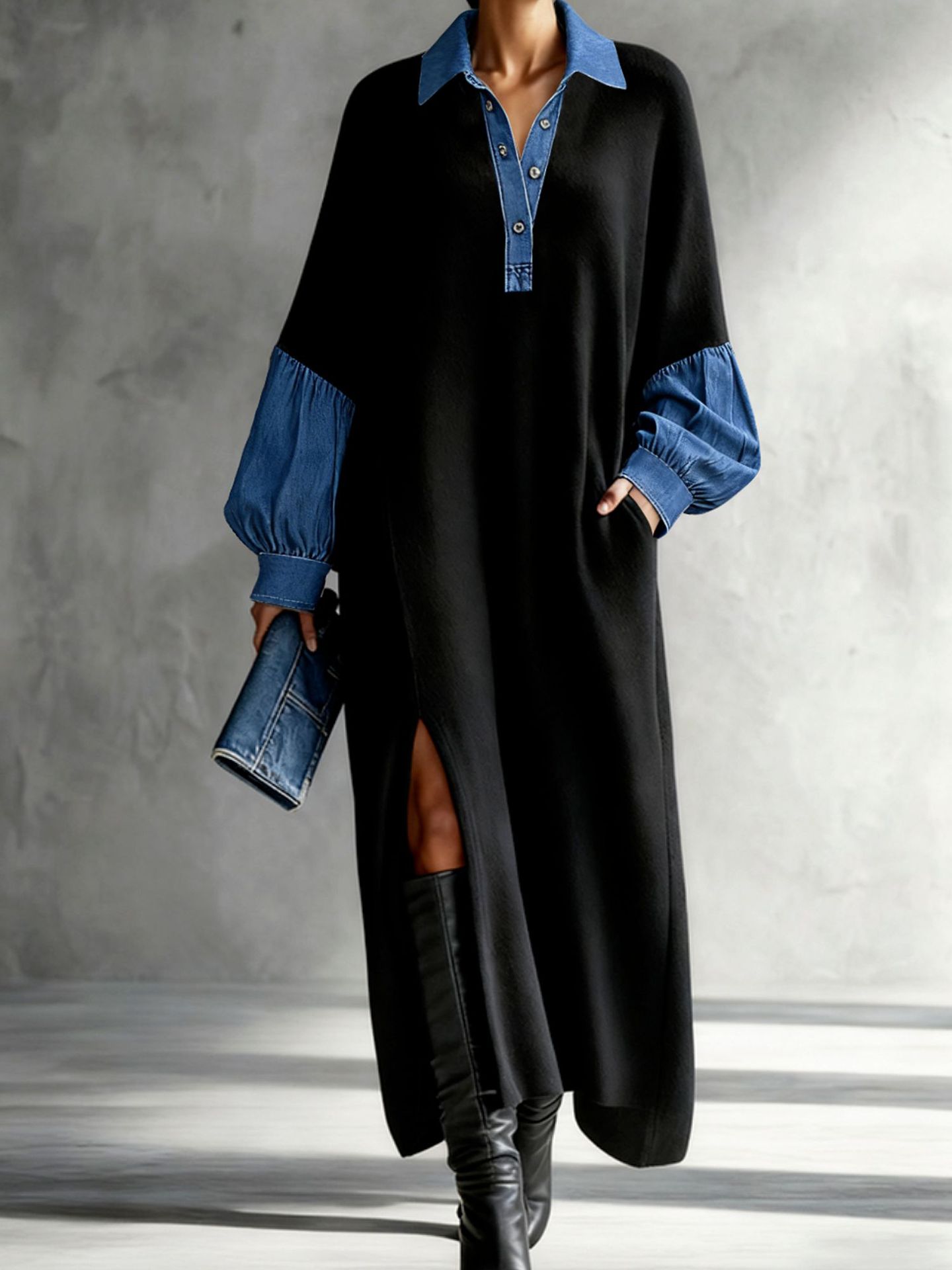 Retro Colorblock Denim-Look Polo Collar Lantern Sleeve Loose A-Line Dress