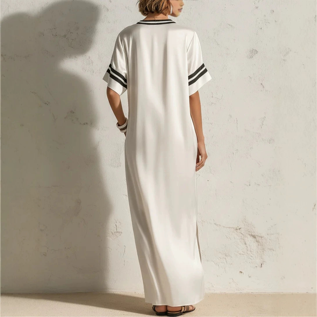 Satin Striped Deep V-Neck Short Sleeve Long Dress with Side Slit