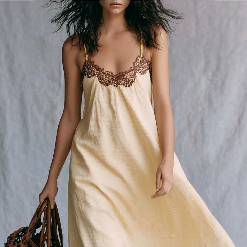 Bohemian Lace Trim Cami Long Dress Cream Yellow