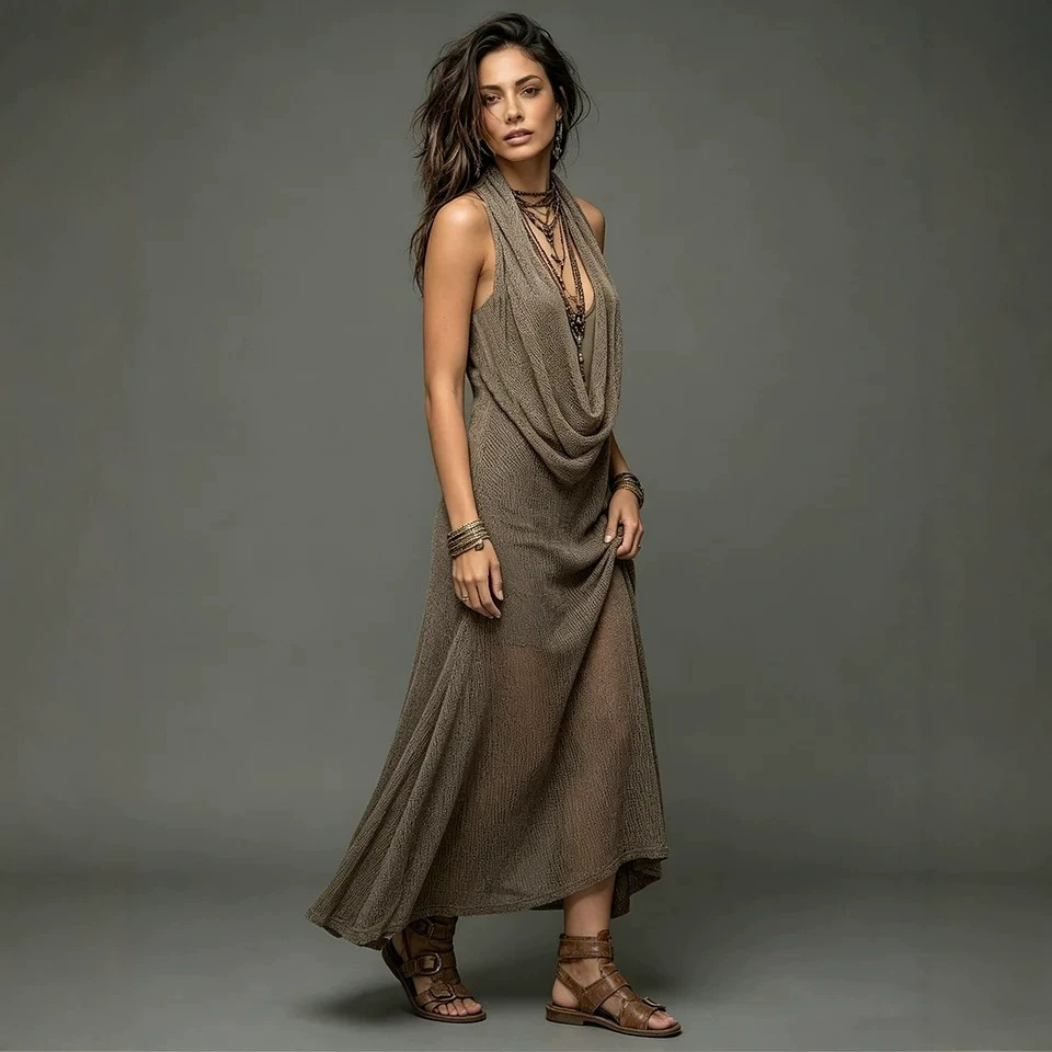 Bohemian Halter Knit Maxi Dress Two-Piece Set