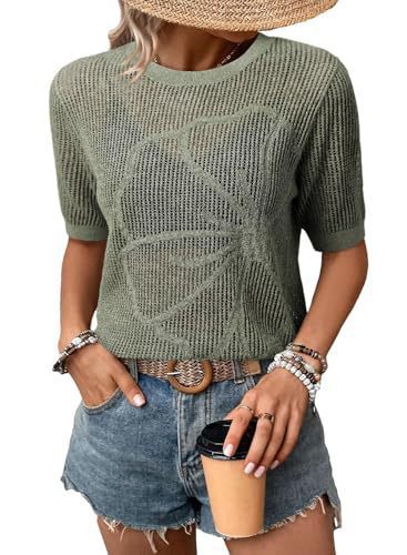 Women's Summer Round Neck Short Sleeve Openwork Floral Knit Top