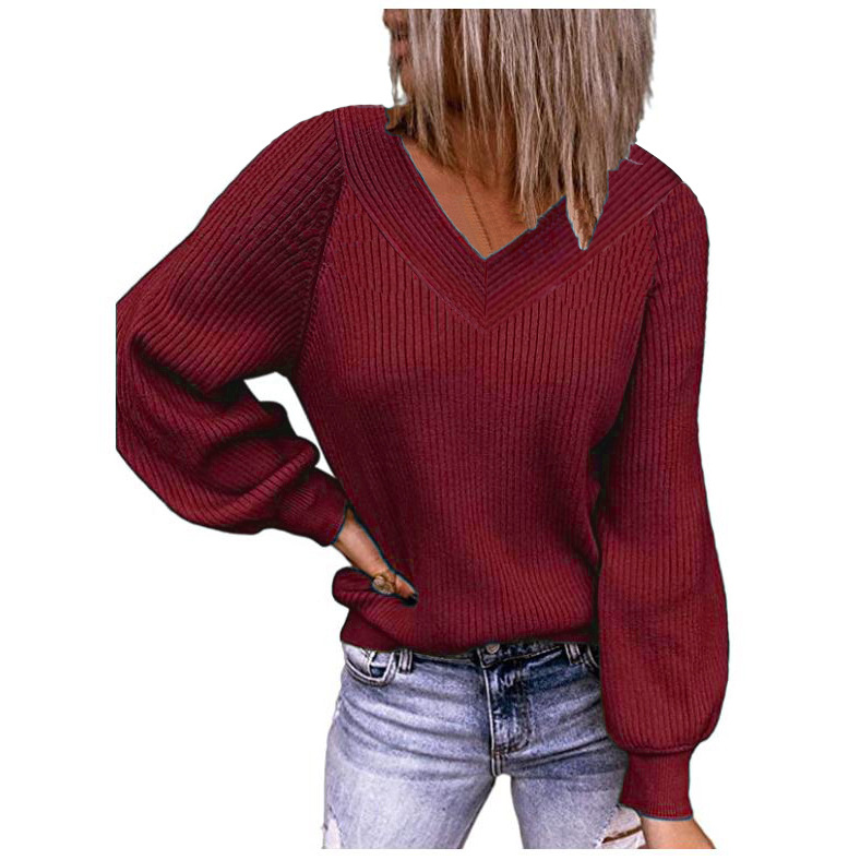 Women's Plus Size Loose V-Neck Solid Knit Pullover Sweater