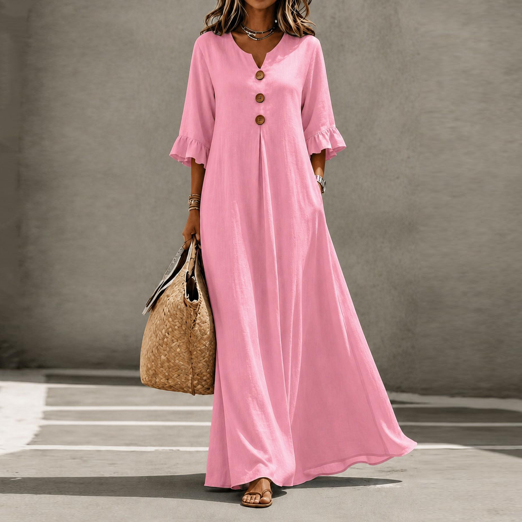 V-Neck Button Bubble Sleeve Loose Long Dress