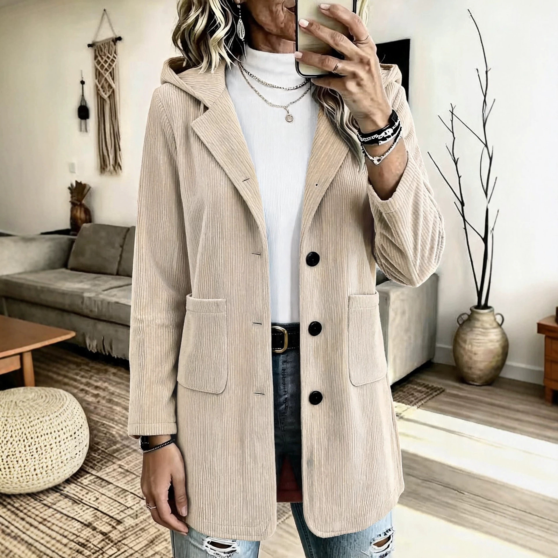 Women's Hooded Corduroy Mid-Length Loose Casual Jacket