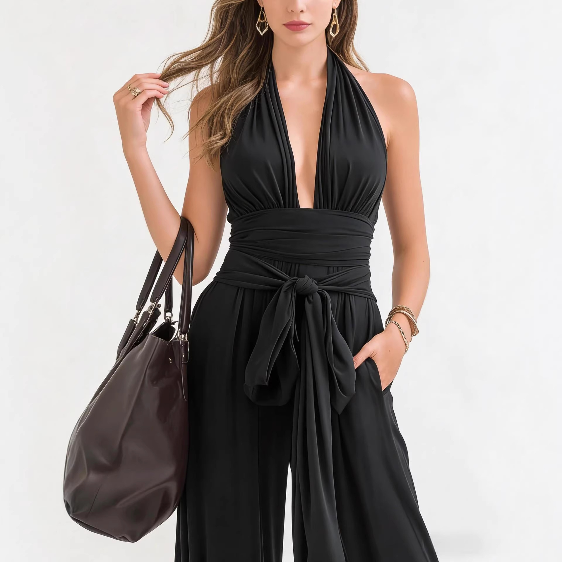 Elegant Halter V-Neck Long Sleeveless Jumpsuit Solid Color