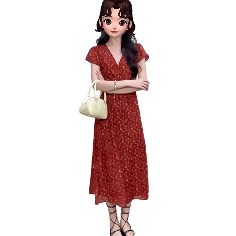Plus Size French Vintage Red V-Neck Floral Midi Dress with Waist Tie