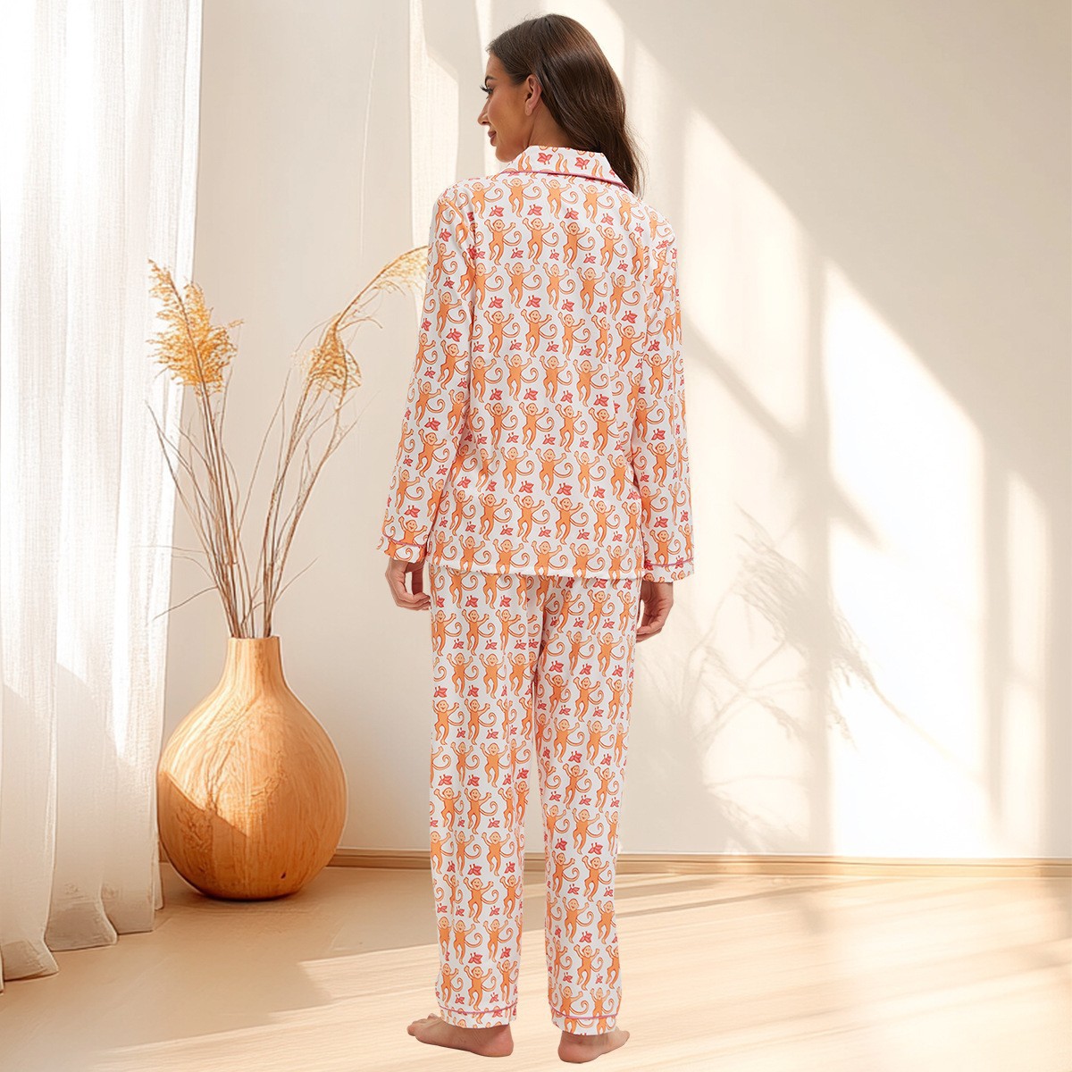 Cartoon Monkey Print Long Sleeve Pajama Set for Women
