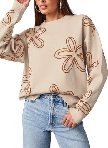 Women's Floral Print Chunky Knit Crewneck Long Sleeve Pullover Sweater