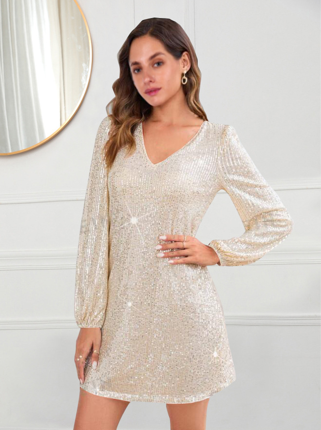 Elegant Solid V-Neck Long Sleeve Sequin Bodycon Dress