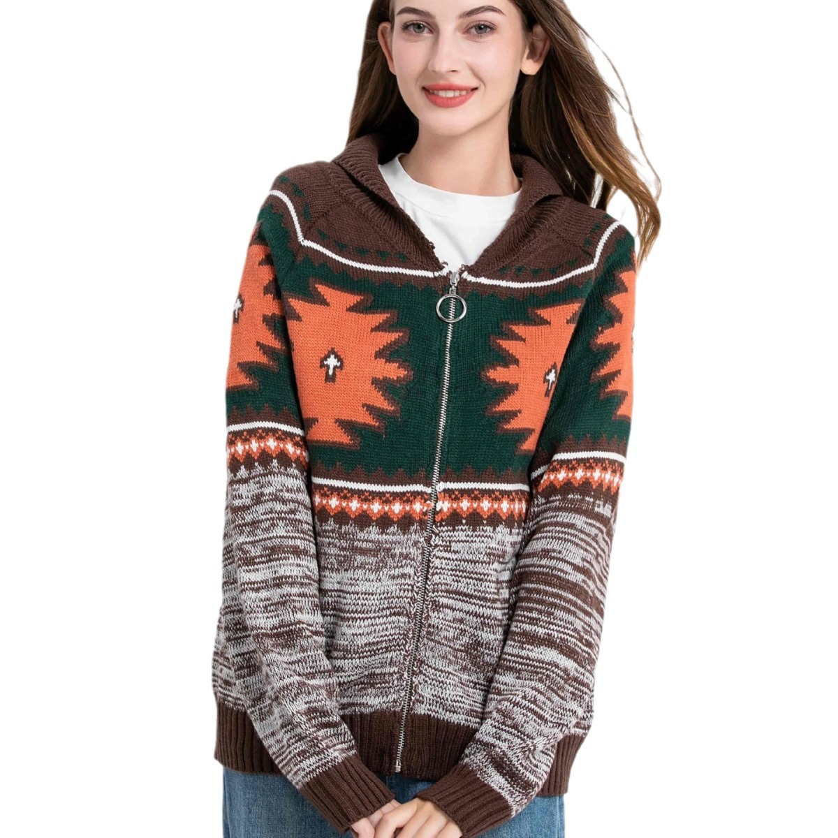 Women's Ethnic Floral Knit Cardigan with Collar and Zip