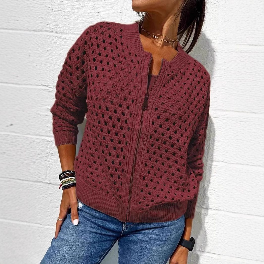 Women's Open-Knit Zip-Up Jacket Casual Lightweight Outerwear
