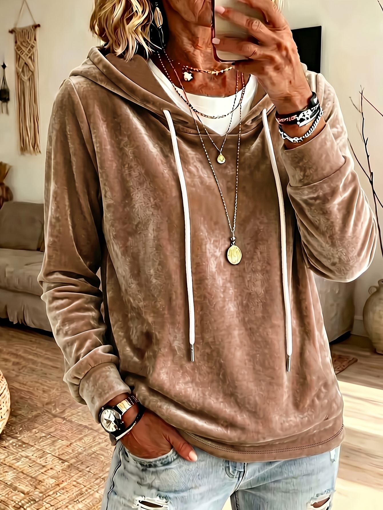 Women's Elegant Solid Velvet Hooded Long-Sleeve Top Sky Blue