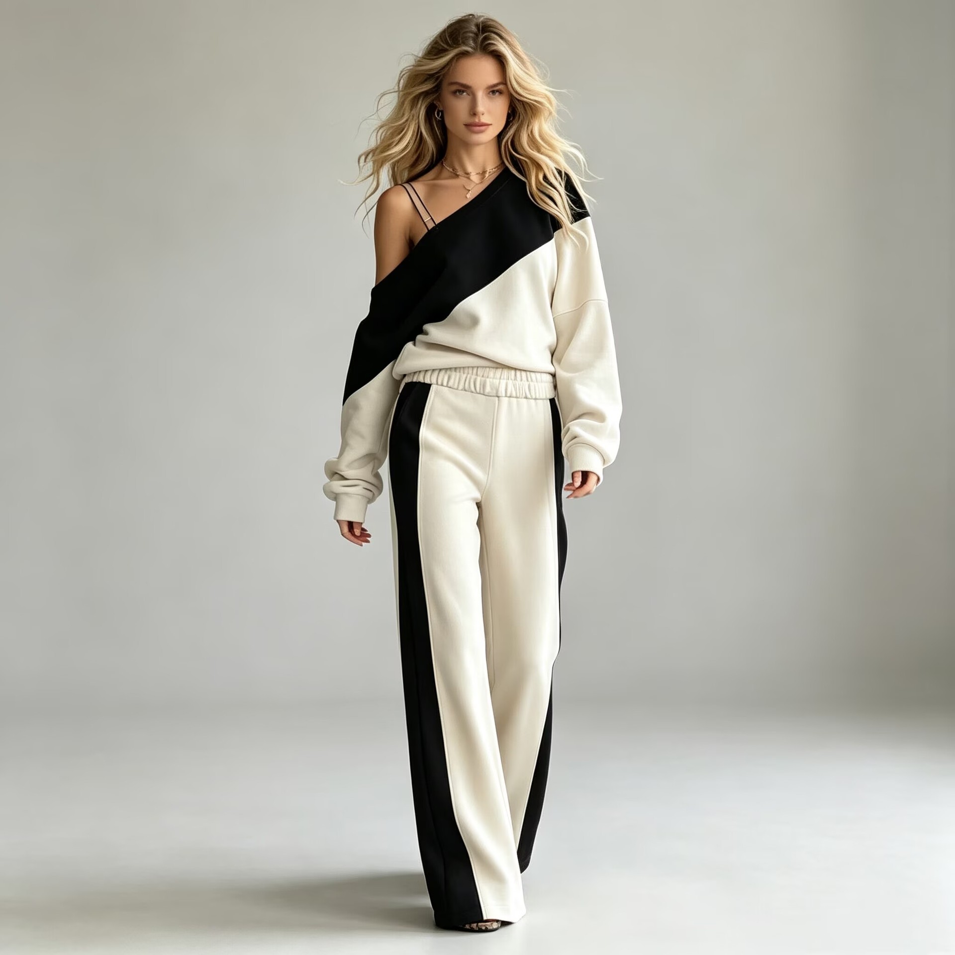 Women's Colorblock One-Shoulder Sweatshirt & Wide-Leg Pants Set